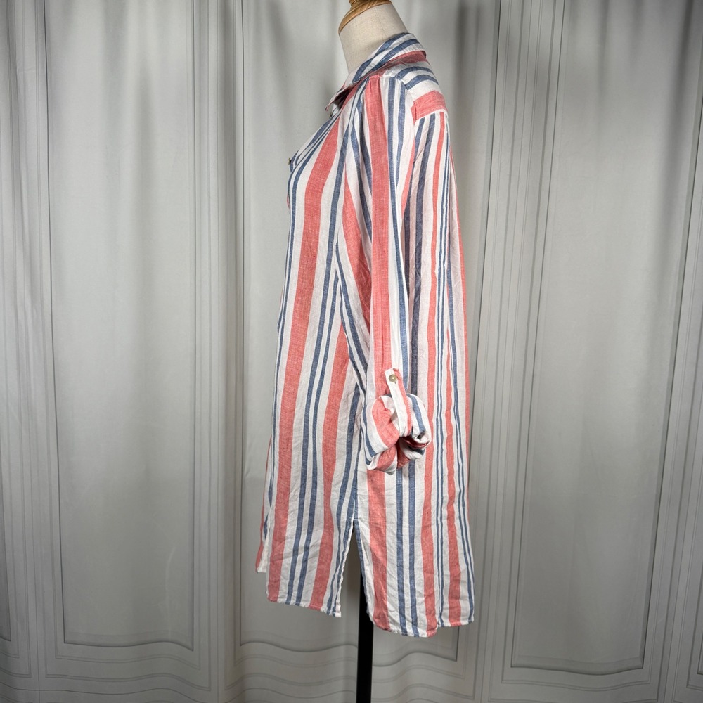 Artisan NY 100% Linen Striped Button-Down Shirt Dress Muted Coastal Tunic-Medium - Picture 10 of 13